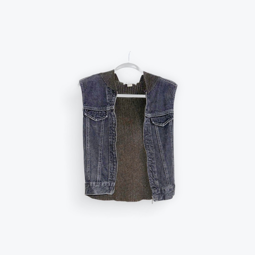 Y2K Brown Denim Wash Sweater Hooded Vest